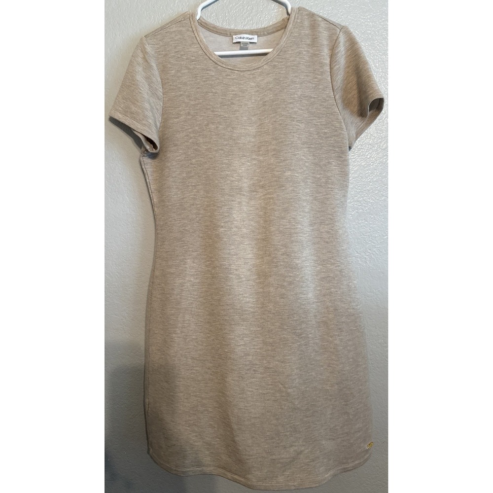 Calvin Klein Dress Womens Medium Heather Oatmeal Knit T-Shirt Shift Gold CK